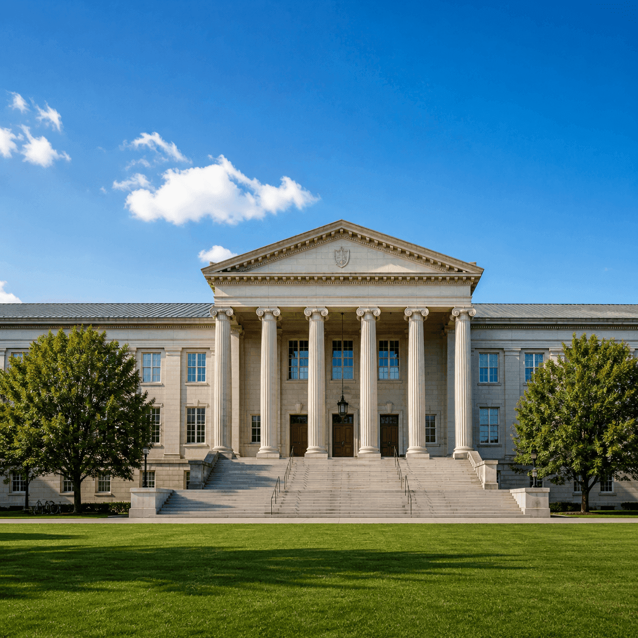 Classical university campus with columns and lawn