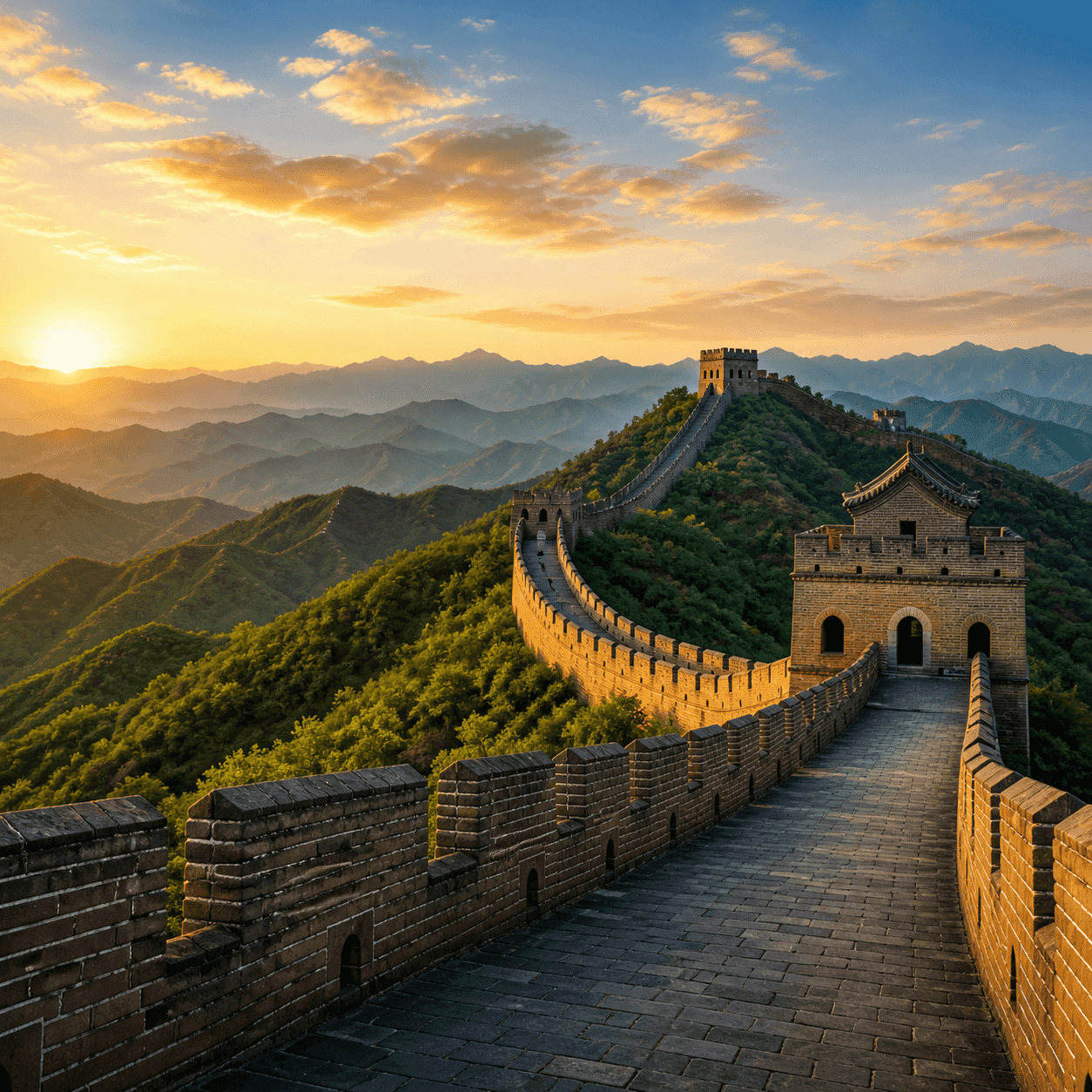 Great Wall of China winding over mountains at sunset