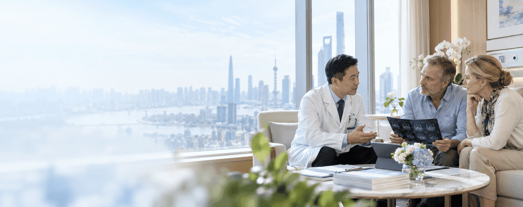 International patient discussing medical treatment and hospital services in China